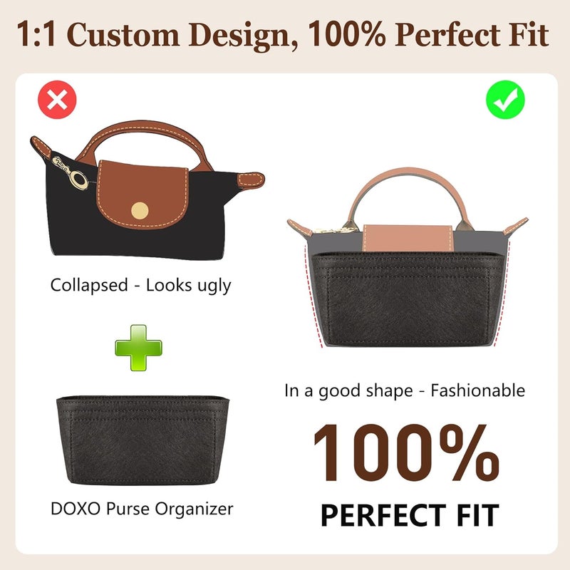 Doxo Purse Organizer Insert for Longchamp Le Pliage XS, Premium Felt Tote Bag Organizer with 7 Compartments and Zippered Pocket (Black, Mini) - Image 3